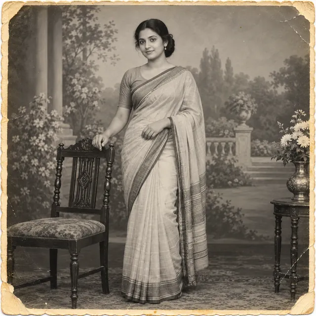 1960s black-and-white studio portrait of a woman in a saree beside a carved chair and flower vase, with worn edges