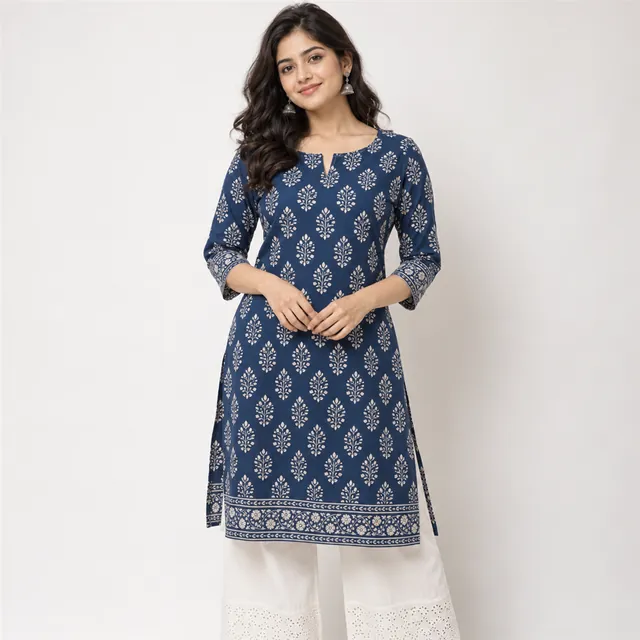 Catalogue photo of a young Indian woman wearing an indigo block-printed kurta with white palazzos on a plain background