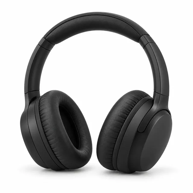 Matte-black wireless headphones on a plain white studio background with a soft shadow underneath