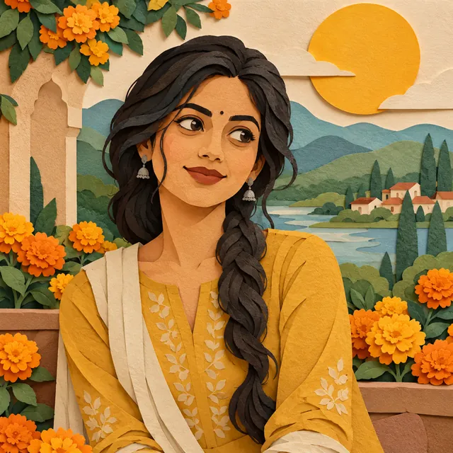 Layered paper-cut artwork of a young Indian woman in a mustard kurta, with paper leaves and hills behind her