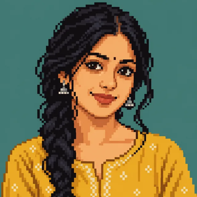 Pixel-art portrait of a young Indian woman in a mustard kurta against a soft pixel sky with small clouds