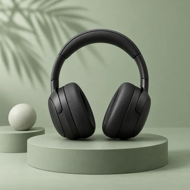 Black headphones on a round sage-green podium beside a small plinth with a sphere and a soft palm-leaf shadow