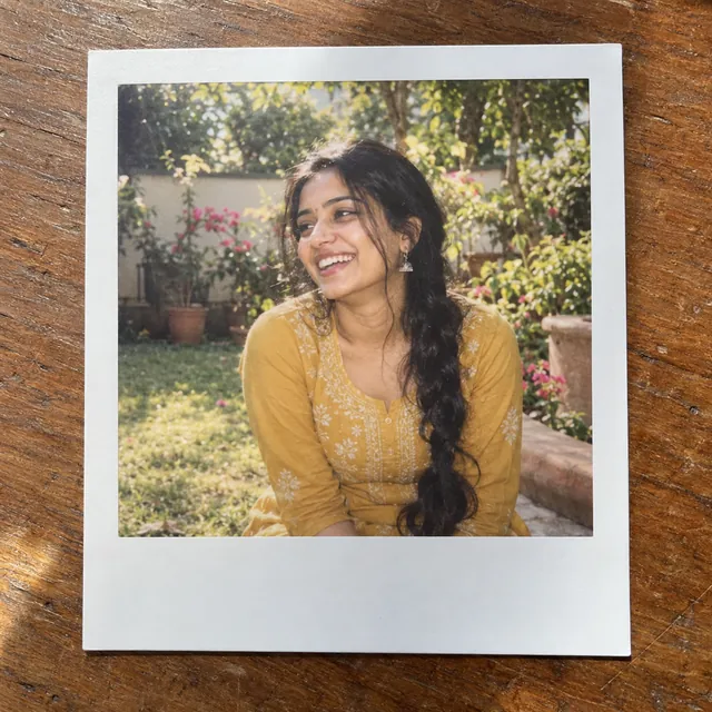 Instant-film print on a wooden table showing a young woman in a mustard kurta laughing in a garden