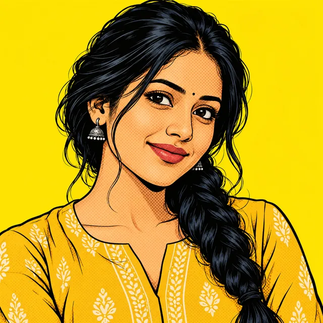 Pop-art portrait of a young Indian woman in a yellow kurta, with bold black outlines and halftone dots on a yellow background