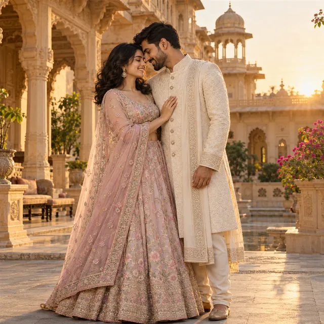 Indian couple in a pastel lehenga and ivory sherwani standing close in a sandstone palace courtyard at golden hour
