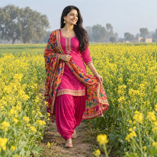 Young woman in a pink Patiala suit and colourful phulkari dupatta walking through a yellow mustard field