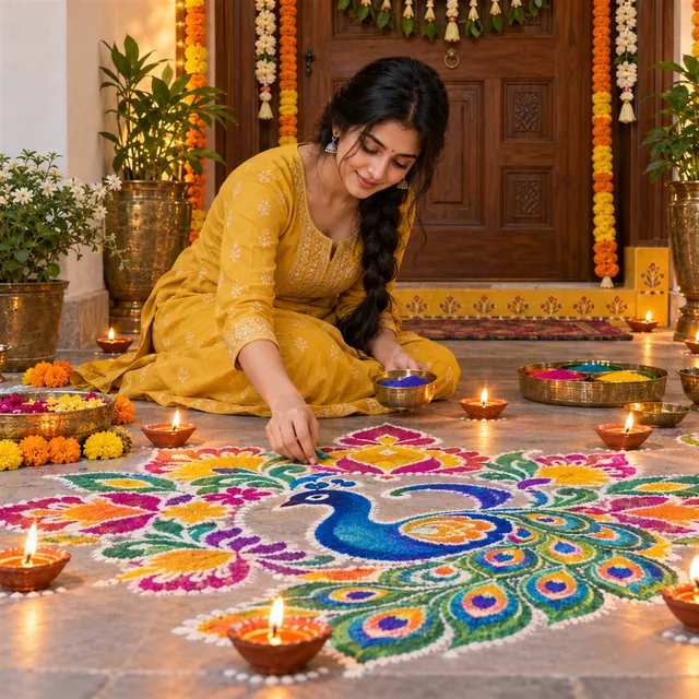 Young Indian woman in a mustard kurta finishing a colourful peacock rangoli at a doorstep, surrounded by lit clay diyas