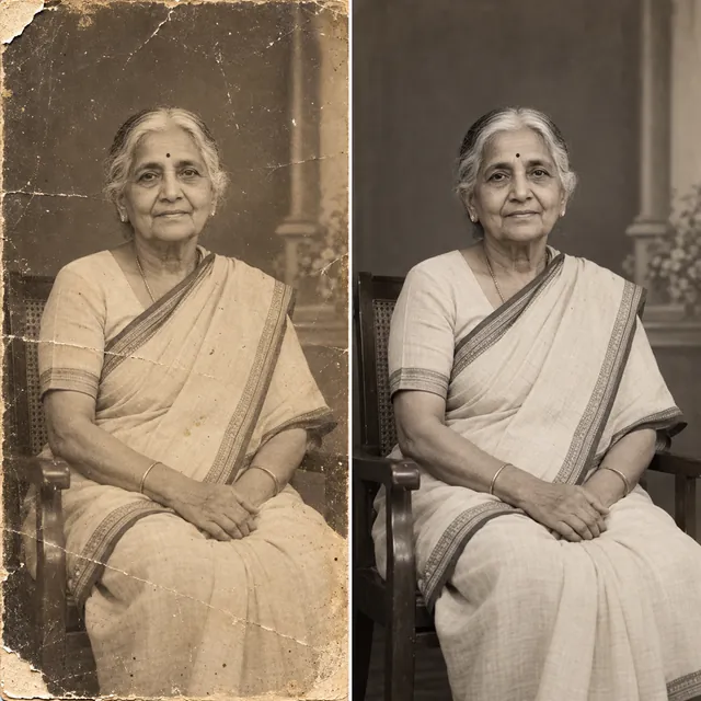 Old sepia photo of an elderly woman in a saree, scratched and torn on the left and cleanly restored on the right