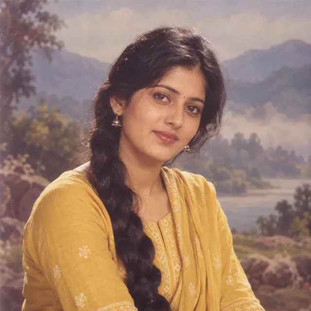 1980s film-studio style portrait of a young Indian woman with a painted backdrop of misty hills and film grain