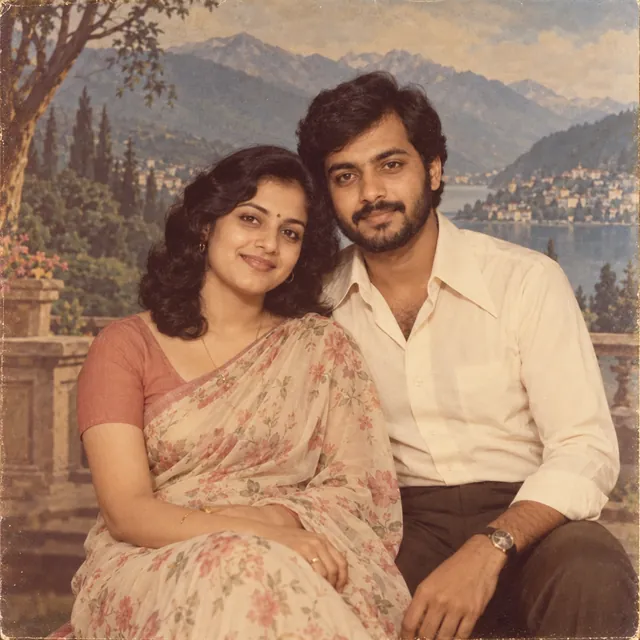 Faded 1970s studio photo of an Indian couple, she in a floral chiffon saree, in front of a painted lake-and-hills backdrop