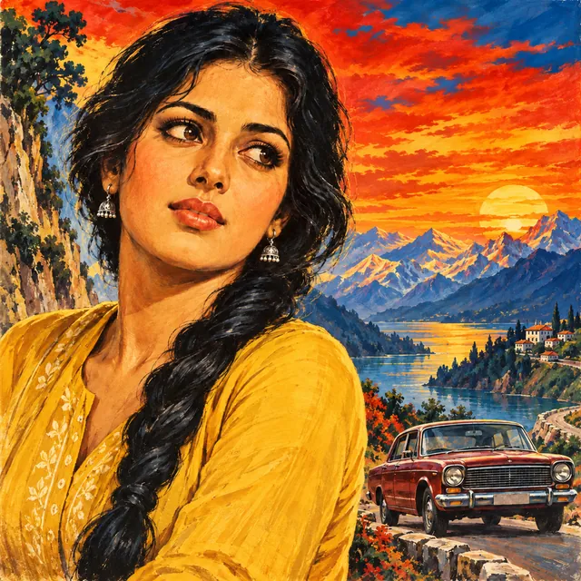 Hand-painted retro film-poster style art of a woman in a yellow kurta, with a red sunset, mountains and a vintage car