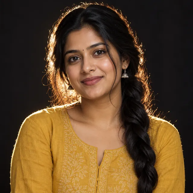 A young Indian woman against a dark background, her hair and shoulders outlined by a thin glowing rim of light
