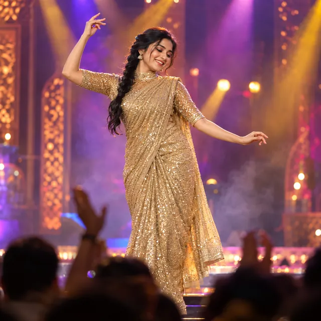 Young Indian woman in a gold sequinned saree dancing on a stage under coloured lights, with a blurred audience in front