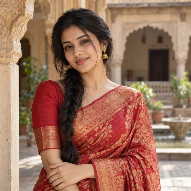 A young Indian woman in a red-and-gold silk saree and gold jhumkas in a haveli courtyard with arches