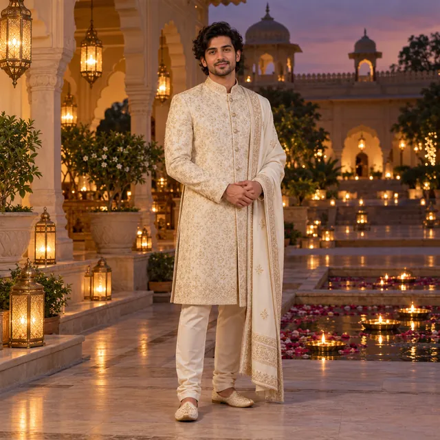 Indian man in an ivory embroidered sherwani and stole standing in a lantern-lit palace courtyard at evening