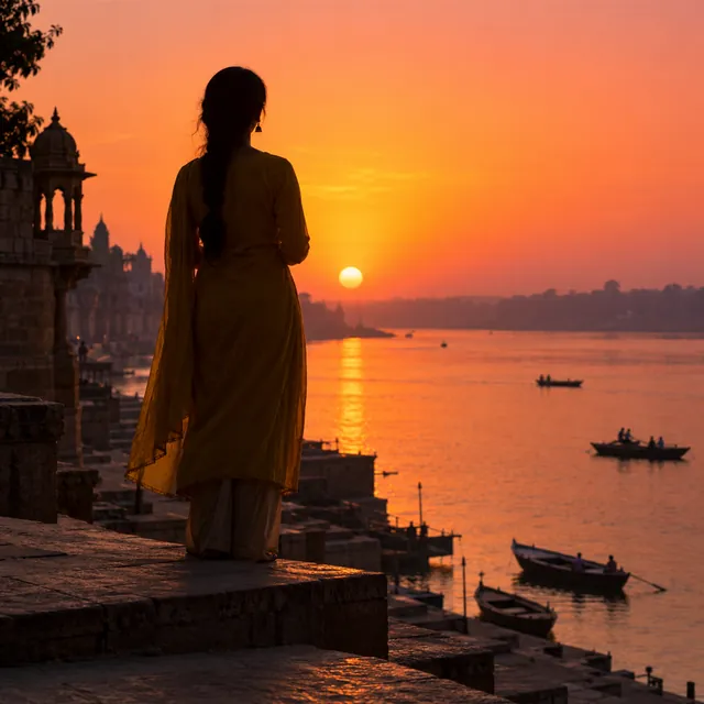 Dark silhouette of a young woman standing at the top of river-ghat steps against an orange and pink sunset