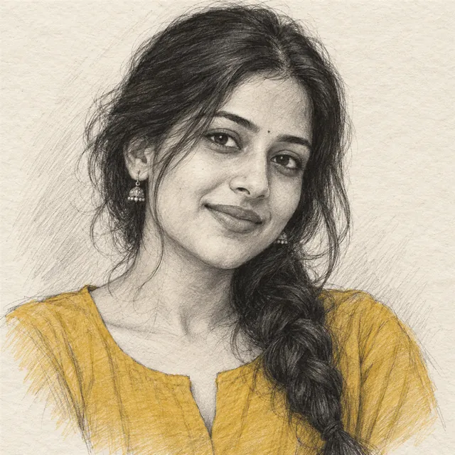 Pencil sketch portrait of a young Indian woman on off-white paper, with hatching and soft shading
