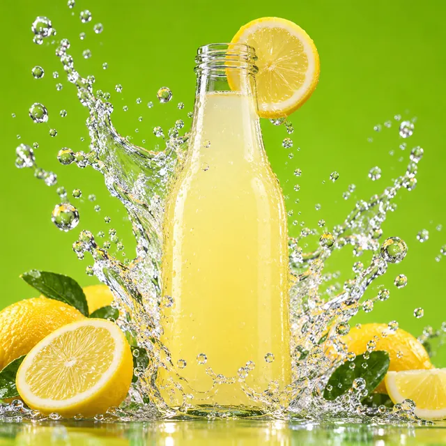 Glass bottle of lemonade with a lemon slice, surrounded by a frozen water splash and lemons on a lime-green background