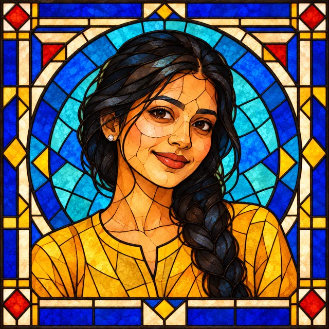 Stained-glass window portrait of a young woman with a side braid in a yellow kurta, framed by a blue and red border