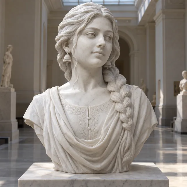 White marble bust of a young woman with a long side braid, jhumkas and a draped dupatta in a sunlit museum hall
