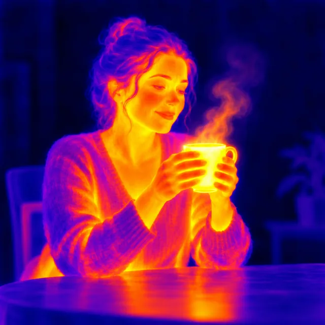 Thermal-camera style image of a woman holding a steaming mug, glowing yellow and orange against purple and blue