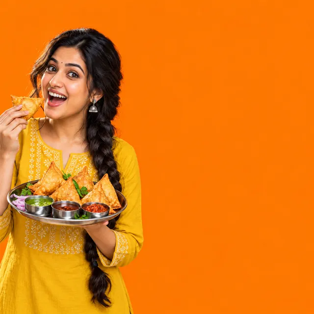 Excited young woman in a mustard kurta holding a plate of samosas on the left of a bold orange frame, right side empty