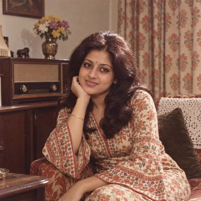 Young Indian woman with big wavy hair in a printed bell-sleeve kurta in a 1970s living room with an old radio, film grain