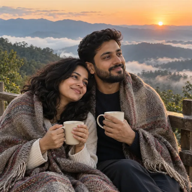 Indian couple wrapped in one woollen shawl holding cups of tea above misty green hills at sunrise