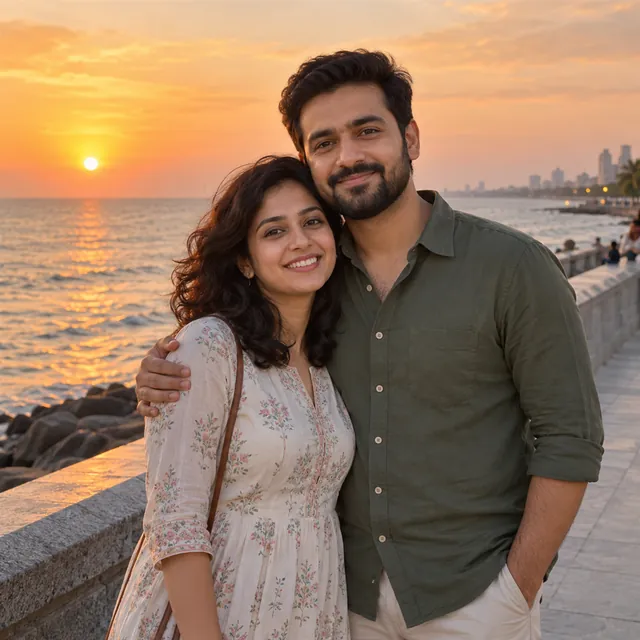 Indian couple with his arm around her shoulder, smiling at the camera on a seaside promenade at sunset