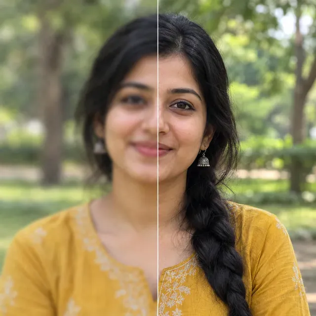 Split portrait of a young woman in a mustard kurta in a park, blurry on the left half and sharp on the right