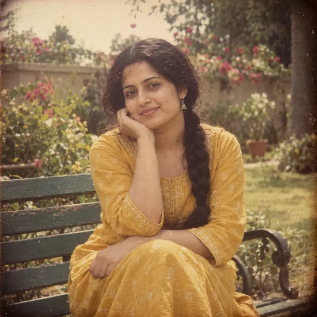Faded, grainy vintage film portrait of a young Indian woman in a mustard kurta sitting on a garden bench
