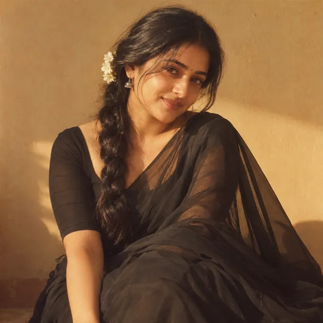 Warm, grainy 1990s-style portrait of a young Indian woman in a black chiffon saree with a flower in her hair