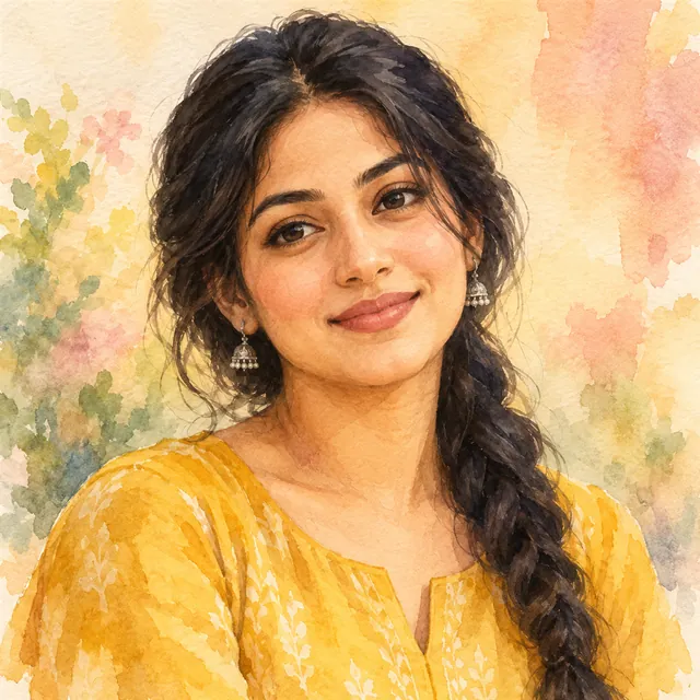 Watercolour painting of a young Indian woman in a mustard kurta, with soft colour washes fading into white paper