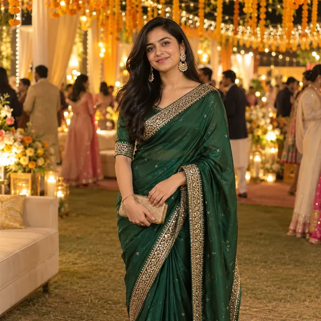 Young woman in an emerald silk saree with a sequinned border and a gold clutch at an evening wedding under marigold lights