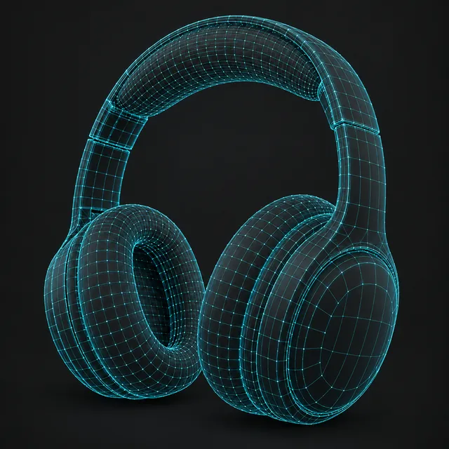 Over-ear headphones drawn as a glowing cyan 3D wireframe mesh on a dark background