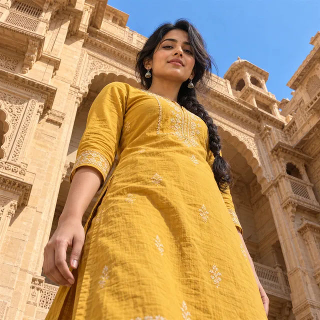 Low-angle view looking up at a young Indian woman in a mustard kurta in front of tall sandstone arches and blue sky