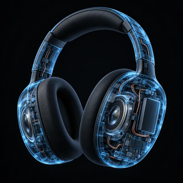 See-through X-ray view of wireless headphones glowing blue, showing the drivers, wiring and circuit board inside