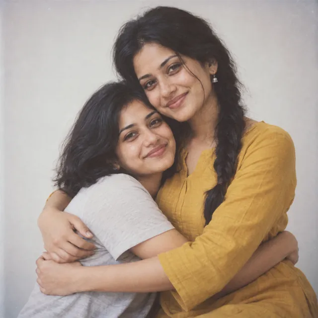 Young Indian woman in a mustard kurta hugging a younger-looking version of herself in a grey T-shirt, faded film look