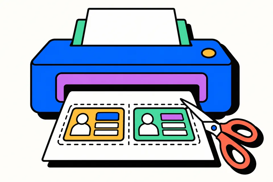 Illustration of a printer printing an A4 sheet with two ID cards side by side, dashed cut lines and scissors