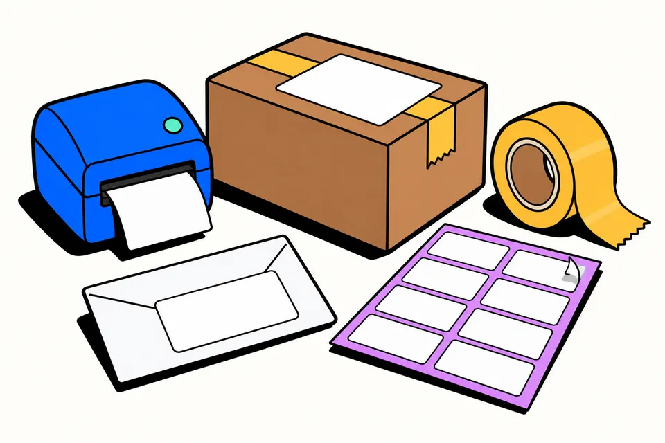 Illustration of a parcel box with a blank shipping label, a sheet of blank sticker labels, an envelope and a label printer
