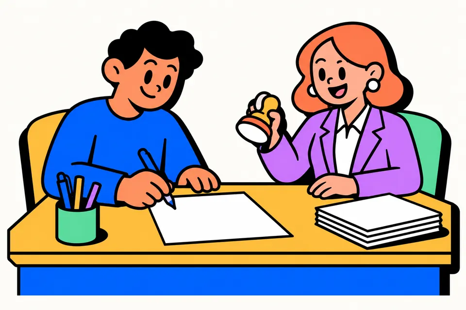 Illustration of a person signing a document at a desk while a smiling notary holds a rubber stamp