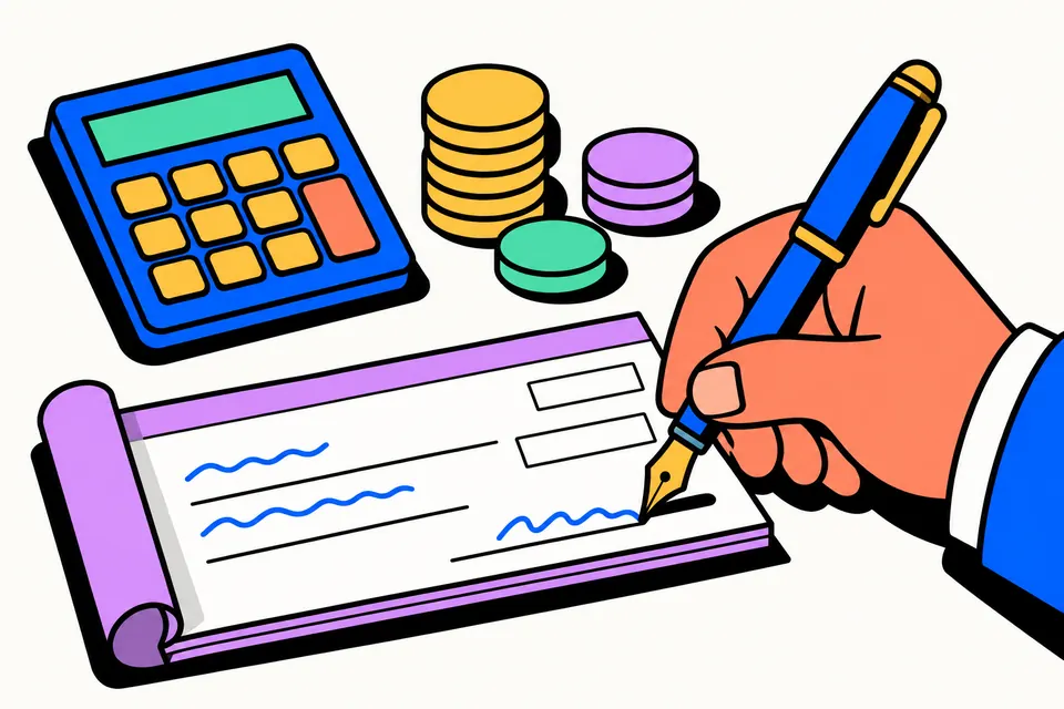 Illustration of a hand writing on a blank cheque leaf with a pen, beside coins and a calculator