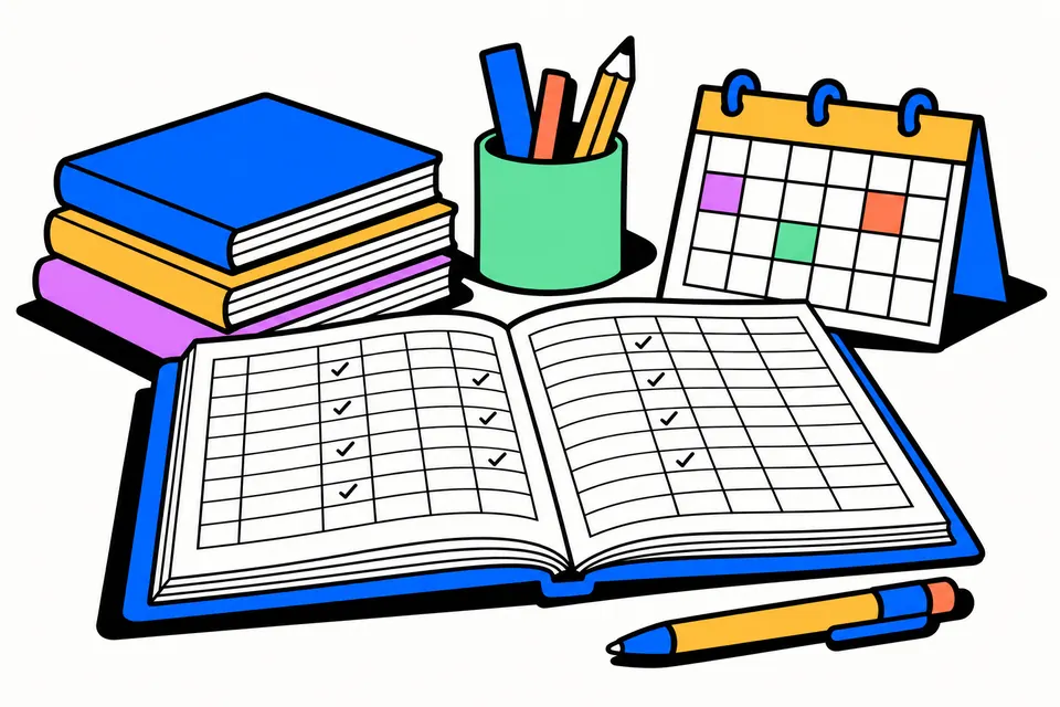 Illustration of an open register book with a grid of tick marks, a desk calendar, books and pens