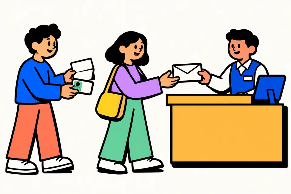 Illustration of a person handing a letter and ID card to a friend, who collects an envelope from a clerk at a counter