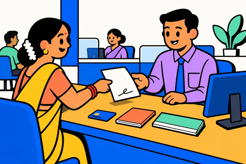 Illustration of a customer handing a signed letter to a smiling bank officer at a branch counter