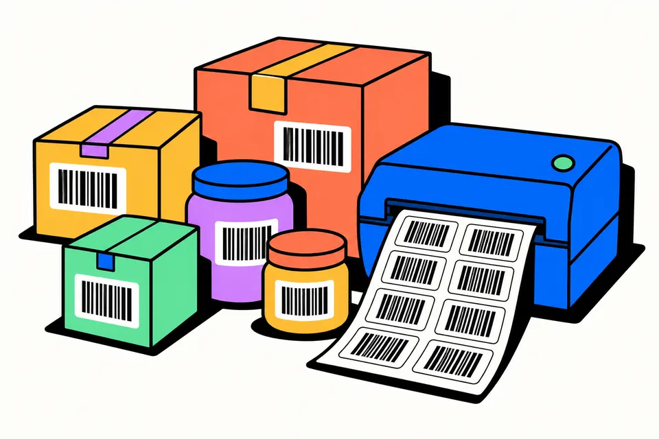 A shopkeeper sticking printed barcode price labels from an A4 sticker sheet onto packets on a shop shelf