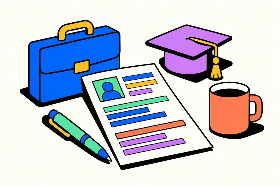 Illustration of a one-page resume with a small portrait, next to a briefcase, a graduation cap, a pen and a coffee mug