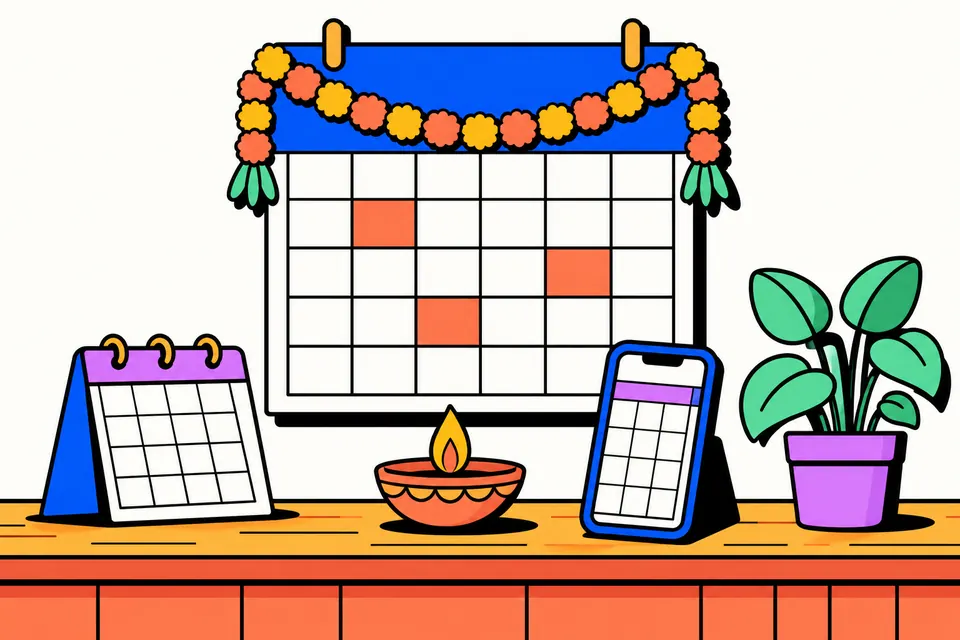 Illustration of a printed wall calendar with a marigold garland header next to a small desk calendar, a phone showing a month image, a shop counter and a lit diya