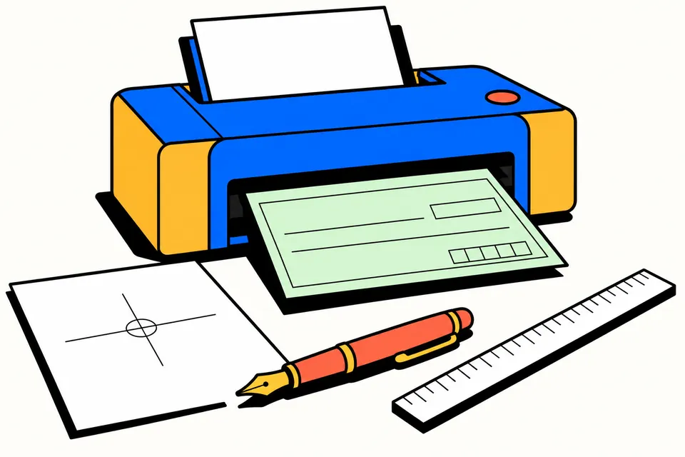 Illustration of a desktop printer feeding a blank pale green cheque leaf, with a pen, a ruler and a sheet with an alignment mark