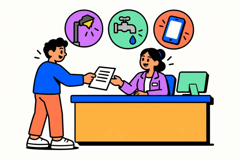 Illustration of a citizen handing a written letter to an officer at a counter, with a street lamp, a water tap and a phone shown as icons